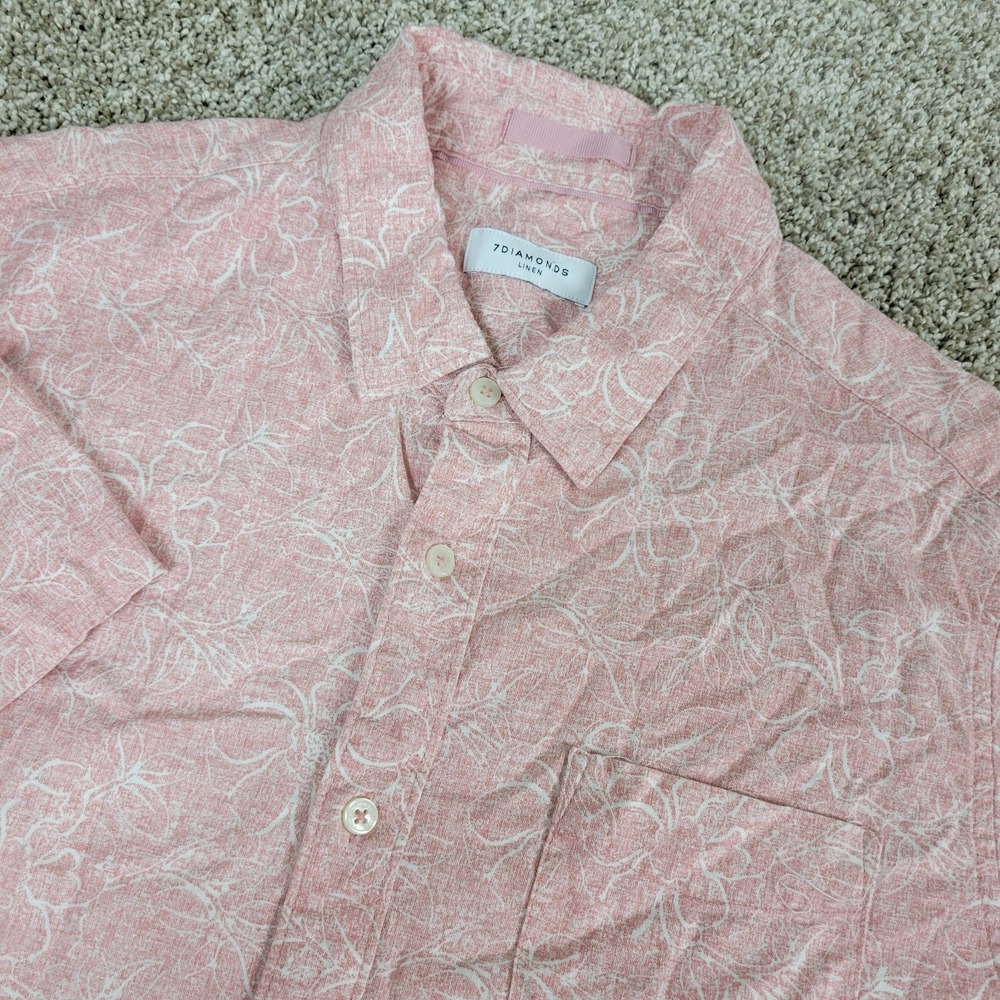 7 Diamonds Mens Large Red White AOP Floral Button Down Short Sleeve Linen